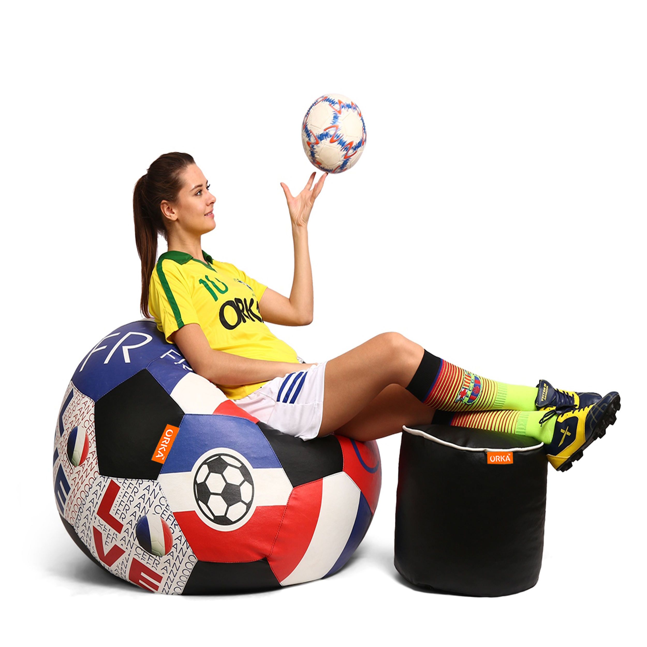 Orka Digital Printed XXXL Foorball With Mathching Footstool Filled Bean Bag With Beans (FB46 Multicolor)